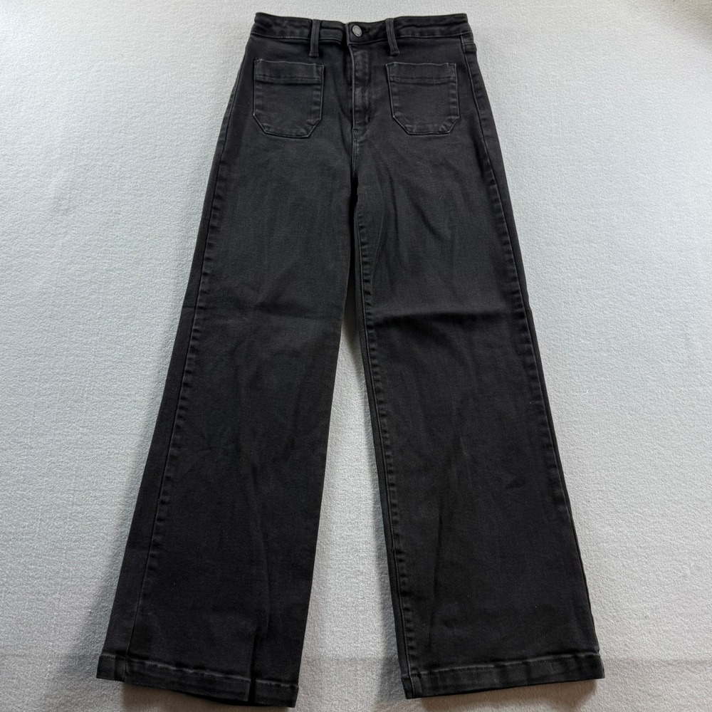 Just Black Denim Jeans Women 28 Black High Rise Wide Leg Patch Pocket 26x26
